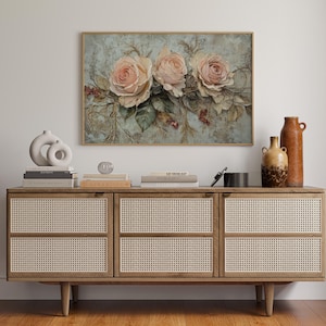 Vintage Pink Rose Canvas Wall Art | Romantic Shabby Chic Floral Painting with Textured Oil Brush Strokes for Cottagecore Decor