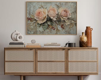 Vintage Pink Rose Canvas Wall Art | Romantic Shabby Chic Floral Painting with Textured Oil Brush Strokes for Cottagecore Decor