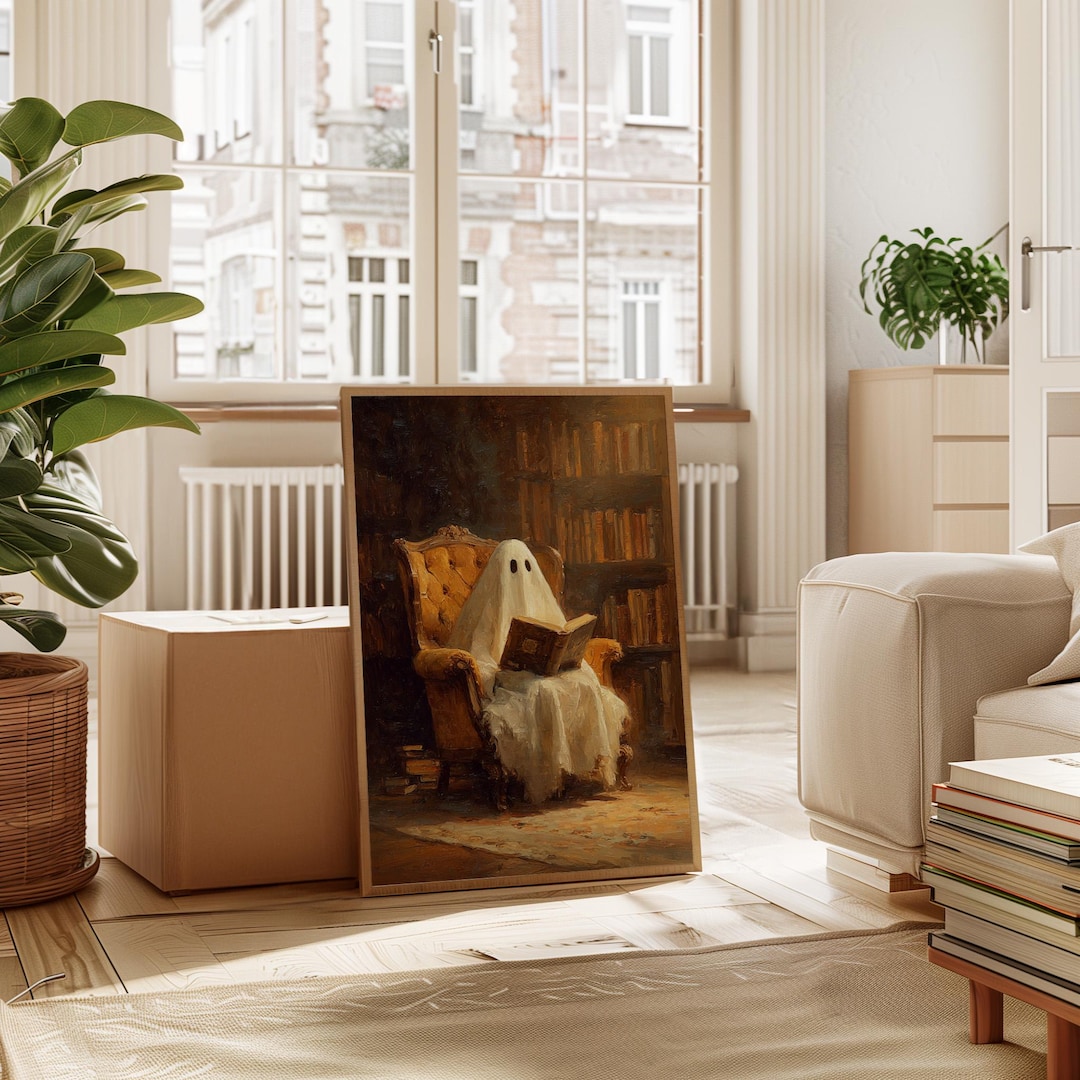Reading Ghost in Library Art Print – Cozy Spooky Ghost Wall Decor ...