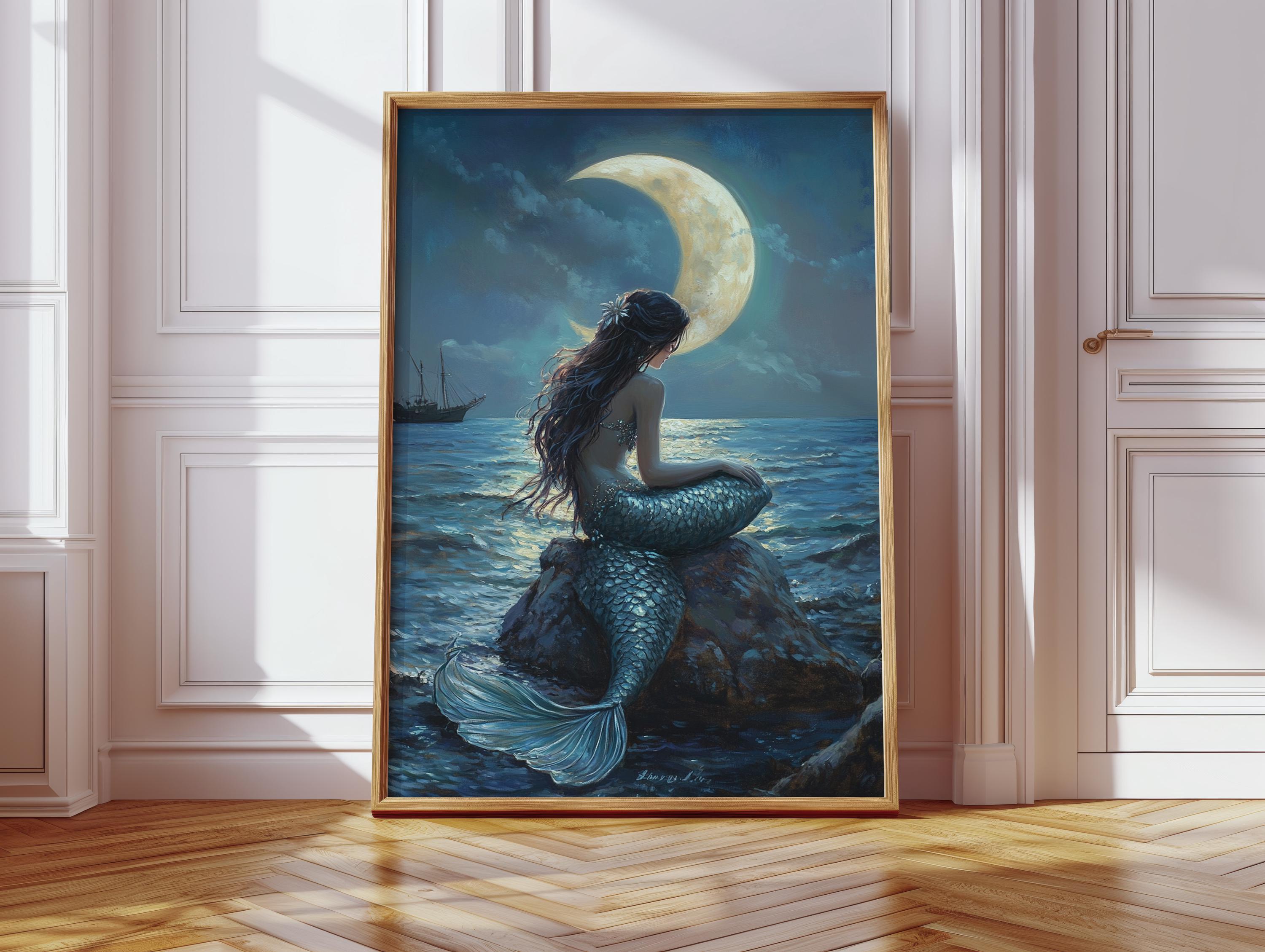 Crescent Moon Mermaid Canvas Wall Art, Mystical Ocean Siren