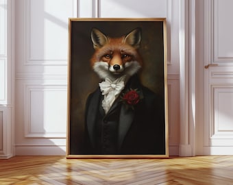 Viktorianischer Fuchs – Rote Rose und Halstuch – Porträt eines eleganten Fuchses im Anzug – Anthropomorphes Waldtier-Dekor