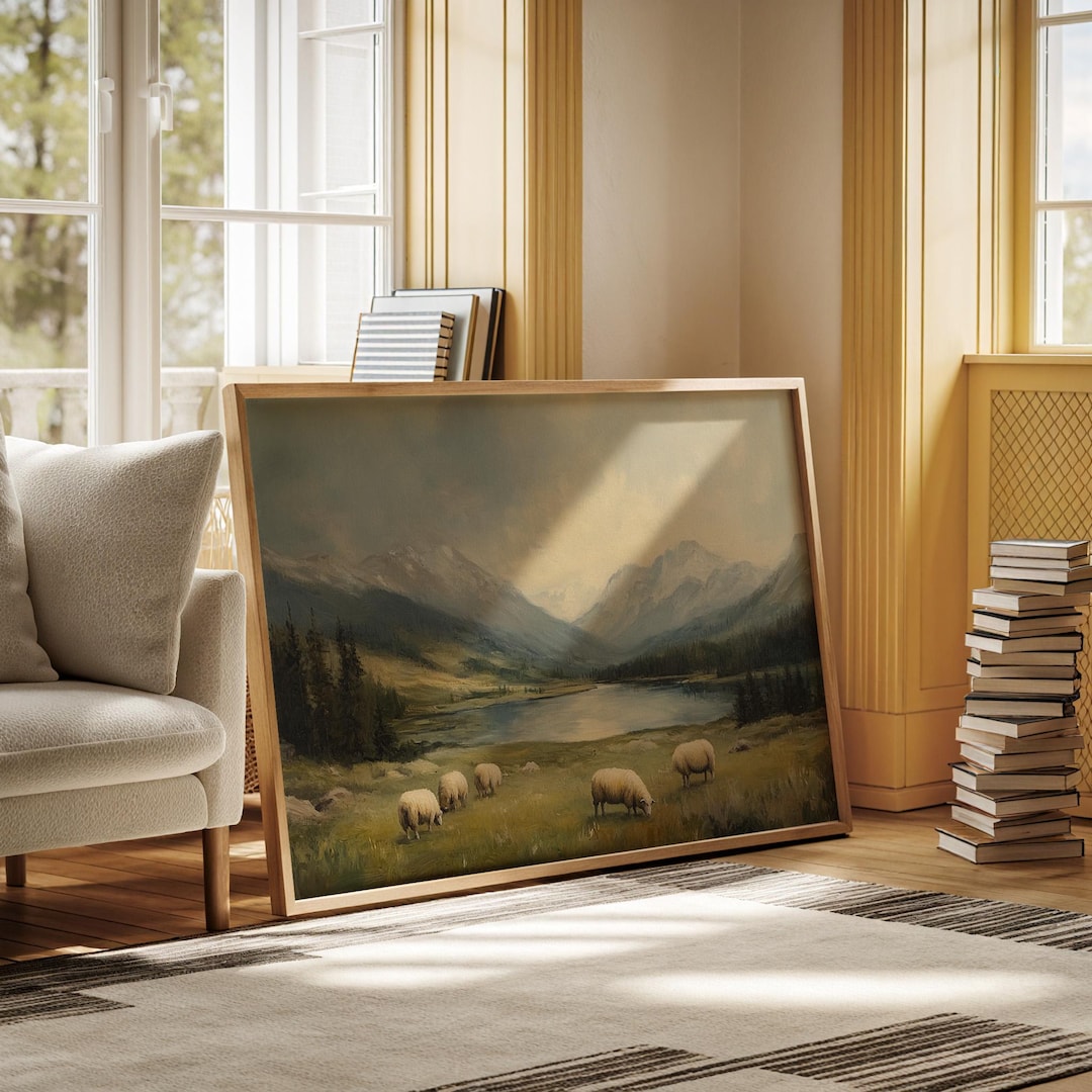 Serene Sheep in Mountain Meadow - Peaceful Landscape Canvas Wall Art ...