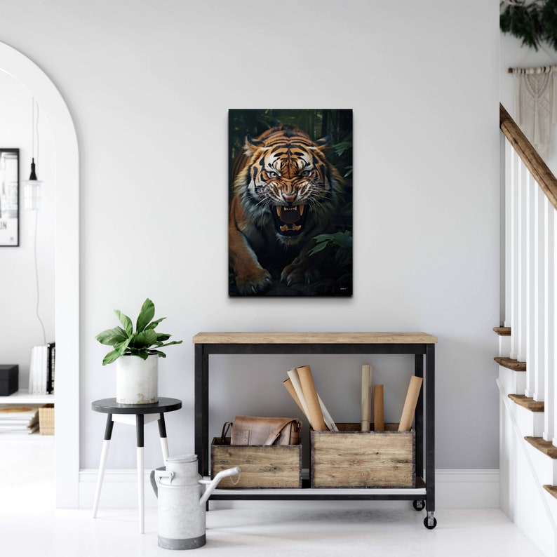 May include: A close-up of a tiger with orange and black stripes, roaring with its mouth open, showing its teeth. The tiger is in a dark green forest setting.