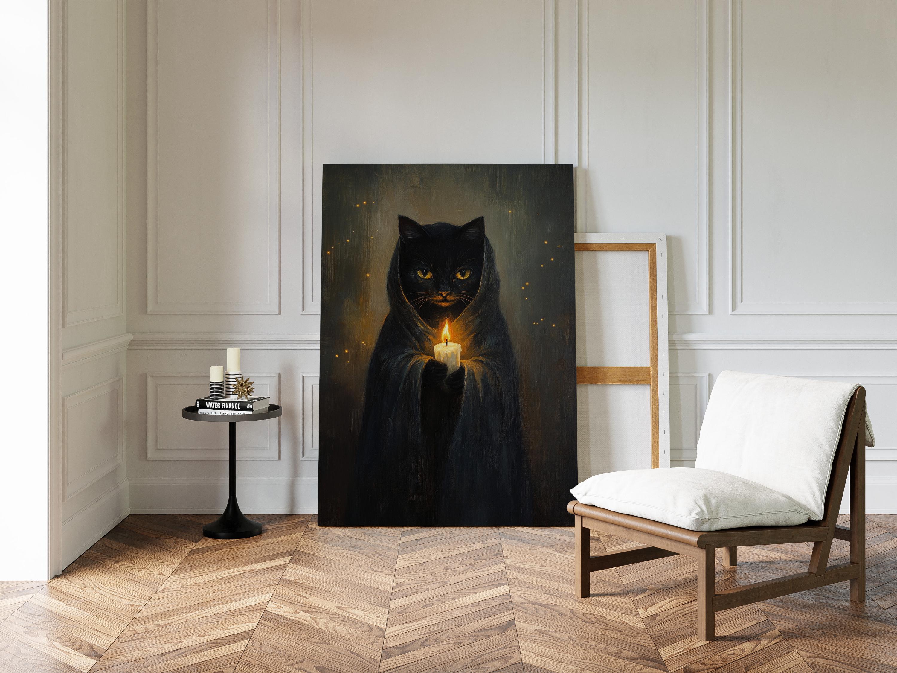 Black Cat With Candle – Witchy Gothic Wall Art, Halloween Cat in