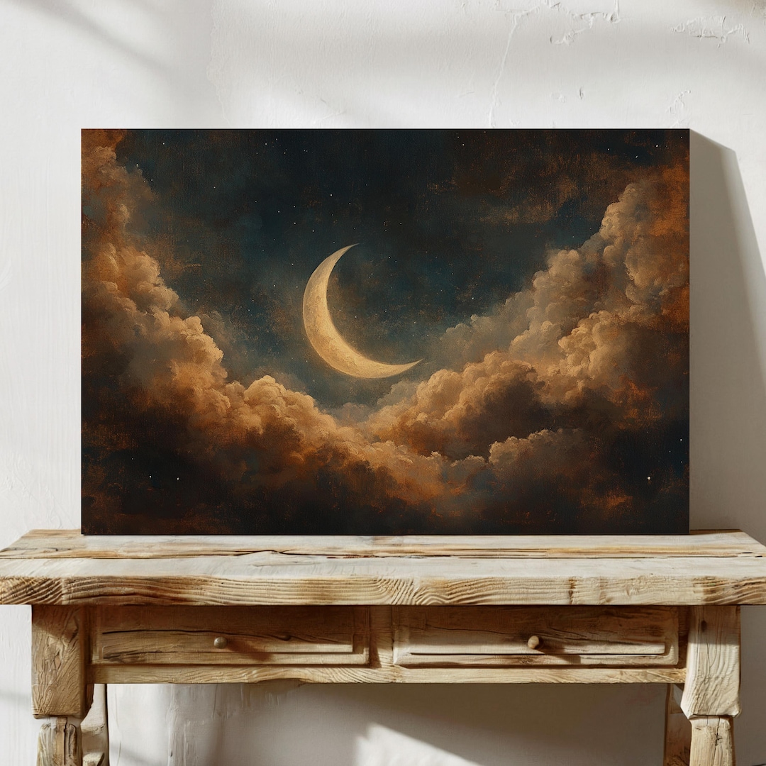 Crescent Moon and Golden Clouds Canvas Art - Dreamy Night Sky Wall ...