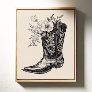Floral Cowboy Boot Ink Art – Vintage Western Wall Art Print