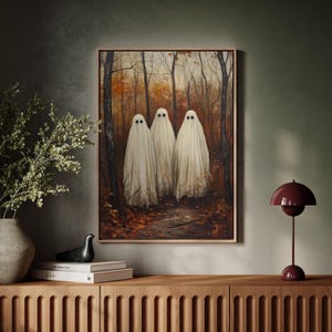 Creepy Ghost Trio in Autumn Forest | Haunted Halloween Wall Art | Spooky Fall Decor | Moody Vintage Ghost Painting Print