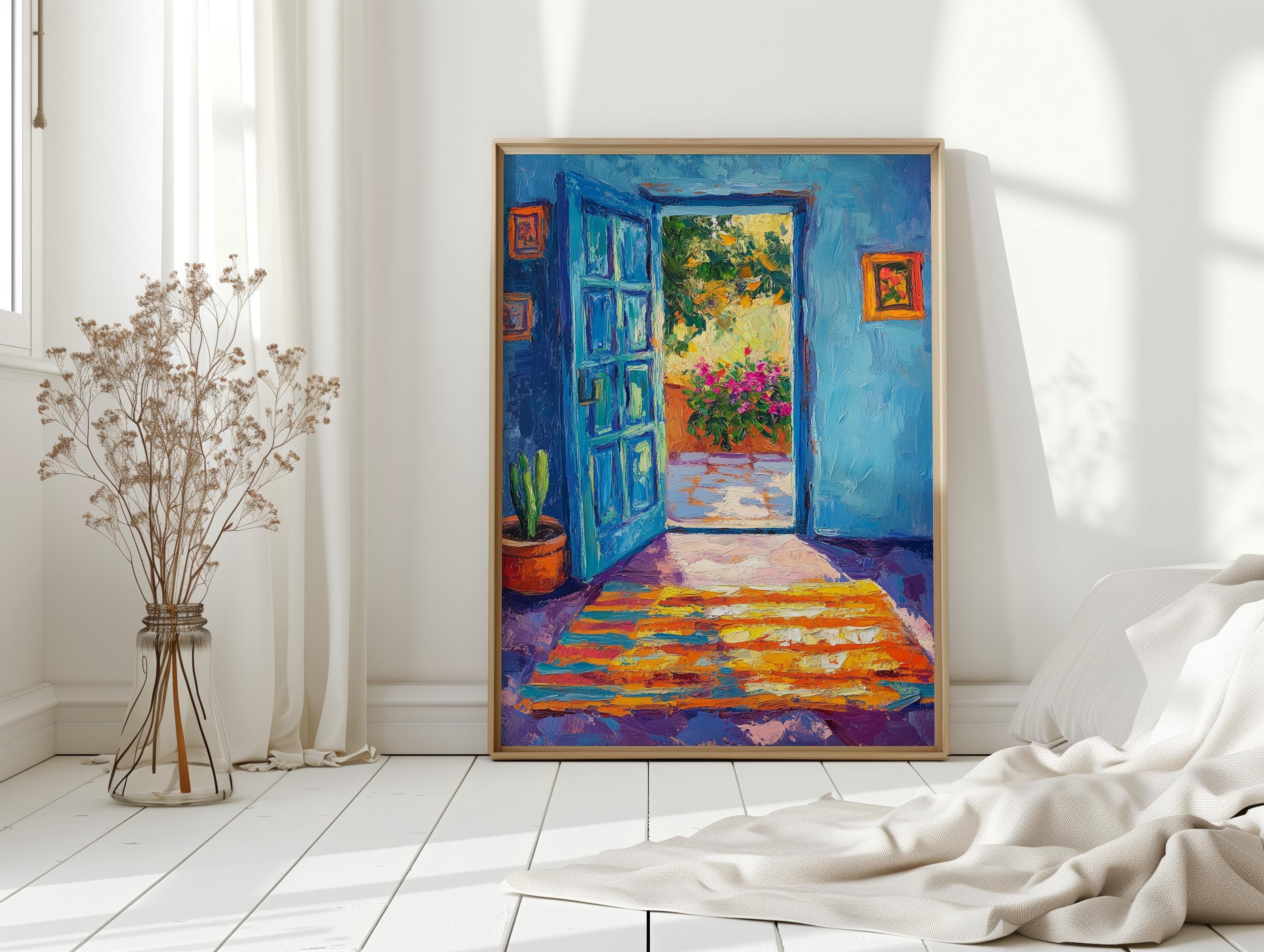 Blue Door Canvas Art With Colorful Rug and Garden View, Vibrant