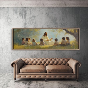 Jesus with Children Canvas, Christian Wall Art, Bible Story Painting, Faith-Based Home Decor, Religious Vintage Oil Print