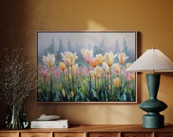 Impressionist Tulip Field Painting, Spring Bloom Wall Art, Pastel Garden Landscape, Colorful Nature Canvas, Cottagecore Floral Home Decor