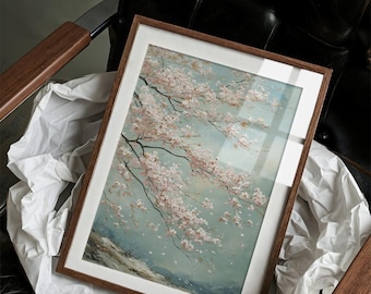 桜の枝のキャンバスアート、日本の春の花の絵画、穏やかでエレガントなホームデザインのための柔らかいパステル調の桜の壁装飾
