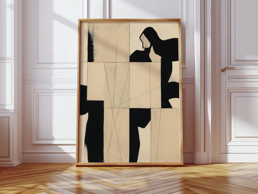 Abstract Black and Beige Canvas – Minimalist Geometric Silhouette Art ...