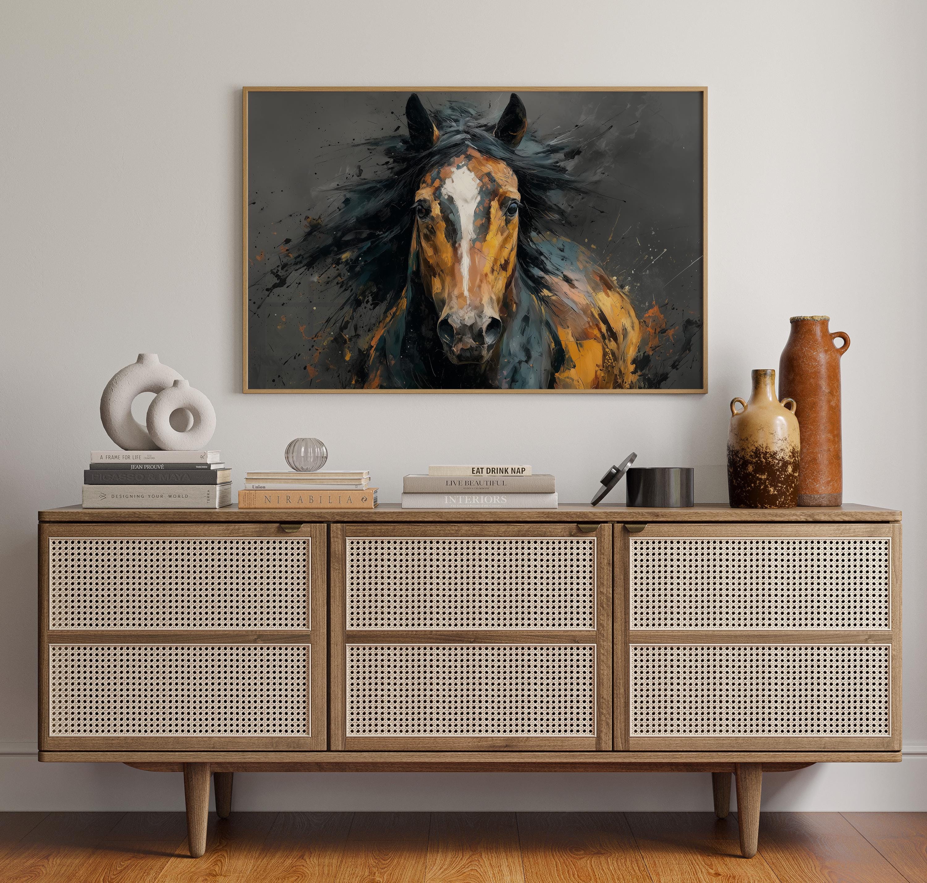 水彩画 -上野公園散策-額縁付き 大胆な筆致で描かれた野生のムスタングの肖像画 - Etsy 日本