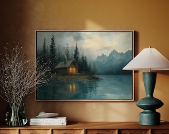 Rustic Cabin by a Tranquil Lake - Peaceful Mountain Forest Landscape Canvas Wall Art for Cozy Home Decor