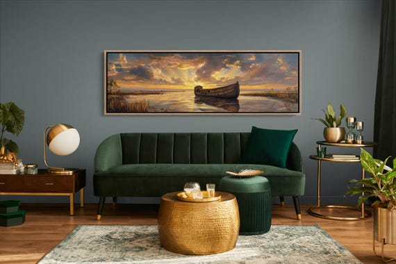 Noah's Ark Canvas Print, Biblical Wall Art, Christian Home Decor, Sunset Faith Artwork, Religious Boat Painting, Scripture-Inspired Gift