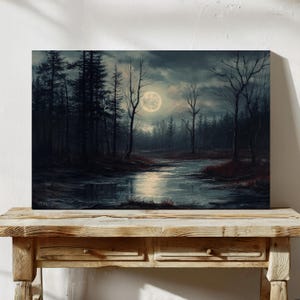 Full Moon Over Misty Forest Canvas Wall Art – Dark Woodland Landscape with Moonlight Reflection on Water, Moody Night Nature Painting