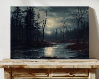 Décoration murale sur toile Pleine lune sur forêt brumeuse - Paysage de forêt sombre avec reflets de clair de lune sur l'eau, peinture de la nature de mauvaise humeur
