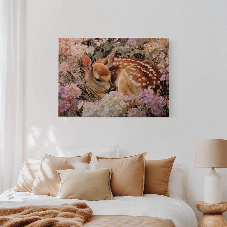 May include: A canvas print of a sleeping fawn nestled among soft pink and white flowers. The fawn has brown fur with white spots and is curled up in a peaceful pose. The artwork has a soft, painterly style, perfect for a nursery or bedroom.