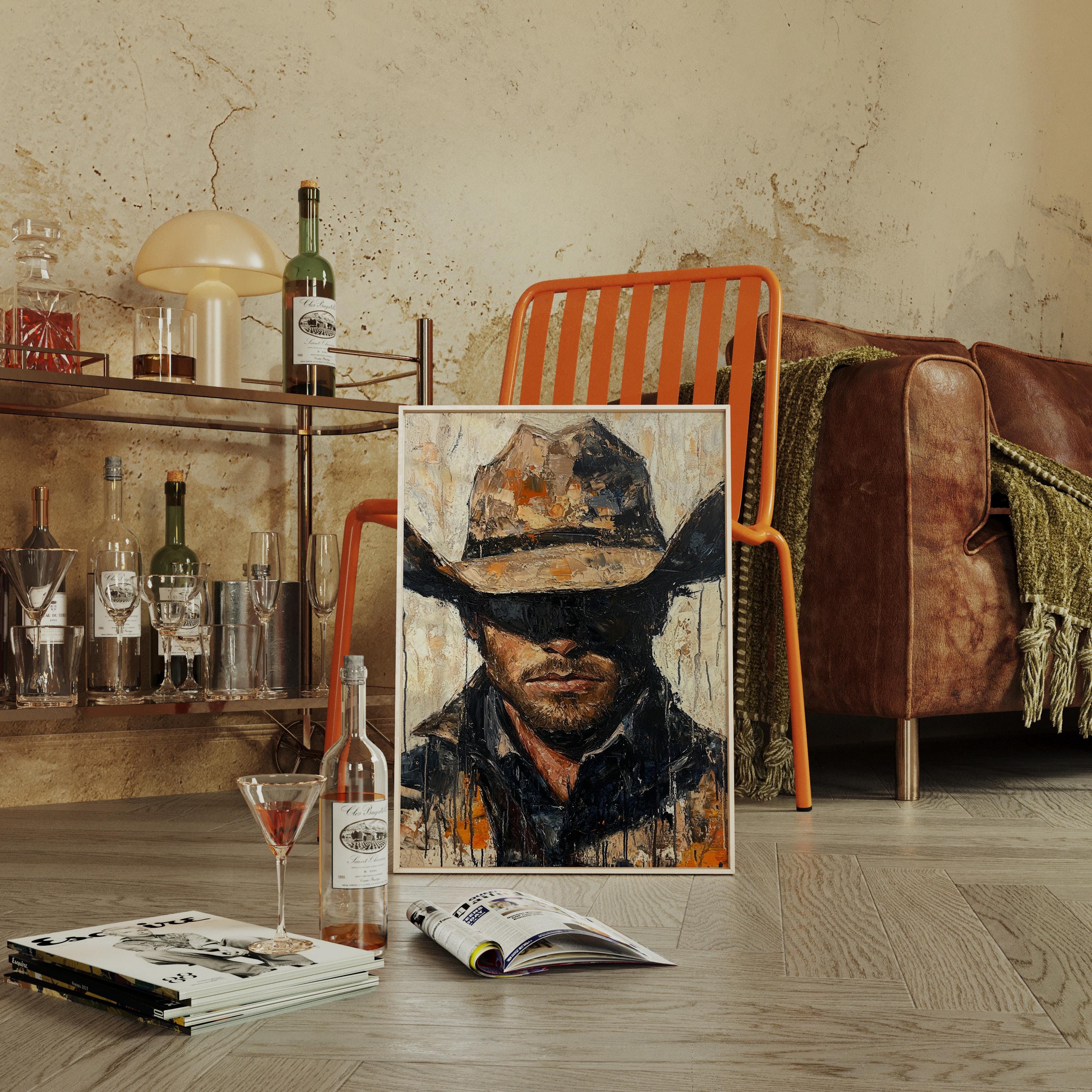 Western Cowboy Canvas Wall Art – Rustic Oil Painting Style Portrait of ...