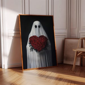 Lienzo decorativo de fantasma de San Valentín / Fantasma gótico con corazón de rosa / Decoración romántica y espeluznante