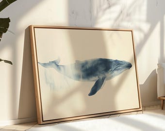 Impression aquarelle de baleine à bosse, art océanique, décoration murale baleine, oeuvre d'art baleine bleue, affiche d'animal marin, décoration d'intérieur côtière, cadeau pour amoureux des baleines