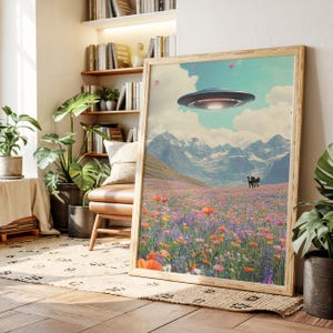 UFO Cow Abduction in Floral Mountain Valley Canvas – Whimsical Sci-Fi Pasture Scene, Surreal Alien Farm Landscape Wall Art Decor Poster