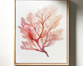 水彩画の赤い珊瑚、海の珊瑚の絵画、抽象的な海洋装飾、海に