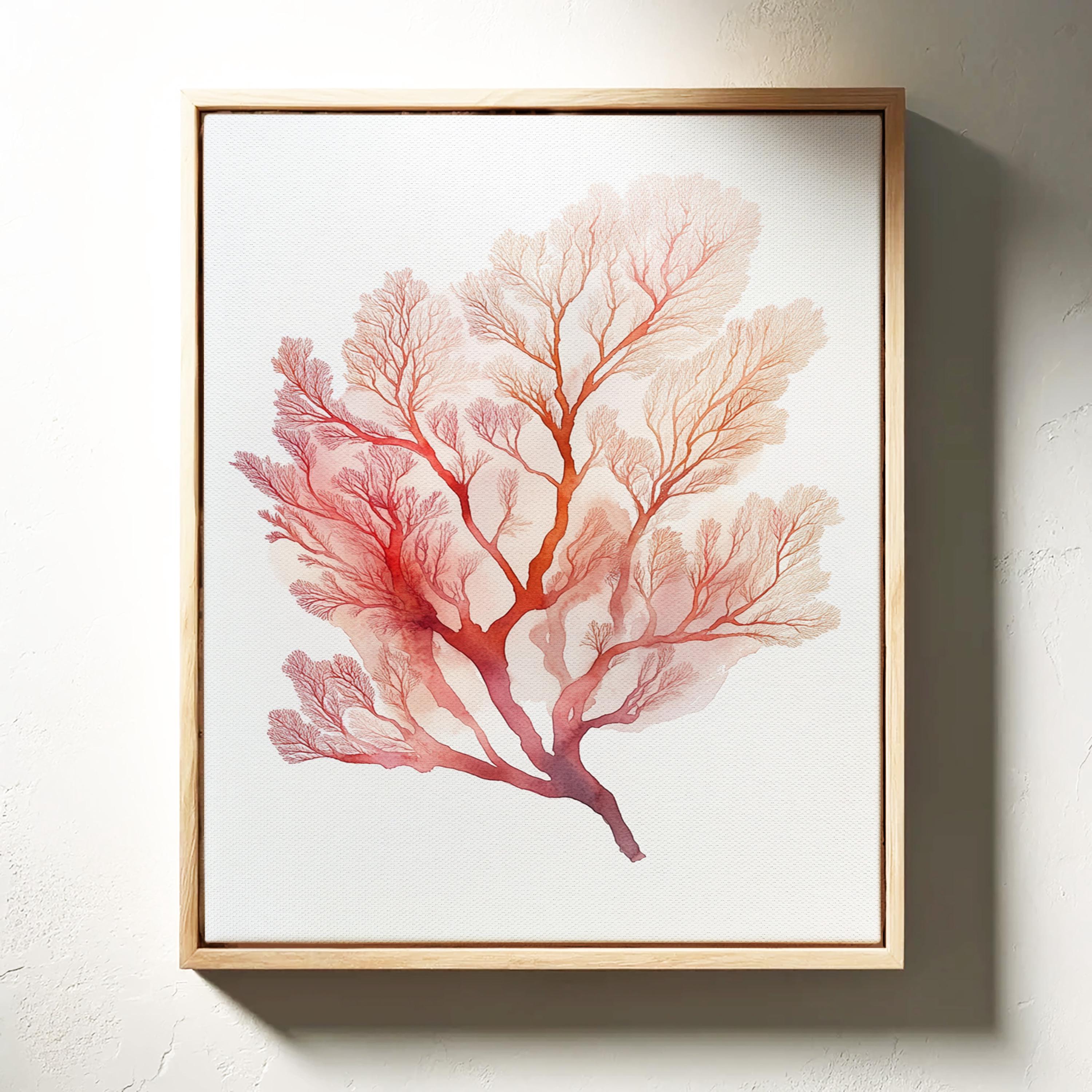 水彩画の赤い珊瑚、海の珊瑚の絵画、抽象的な海洋装飾、海に
