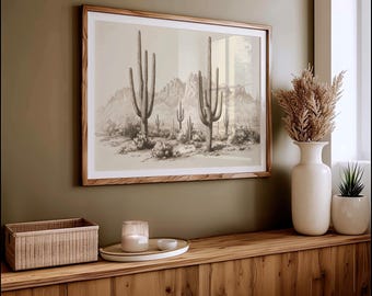 May include: A framed print of a desert landscape featuring saguaro cacti and mountains in a sepia tone. The artwork is displayed above a wooden surface with a woven basket, a candle, and a vase with dried plants. The room has a neutral color palette.