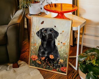 Pode incluir: Uma pintura emoldurada de um Labrador Retriever preto em um campo de flores laranja e amarelas. Borboletas voam ao redor do cão. A pintura tem uma moldura dourada e é exibida em ambientes internos.