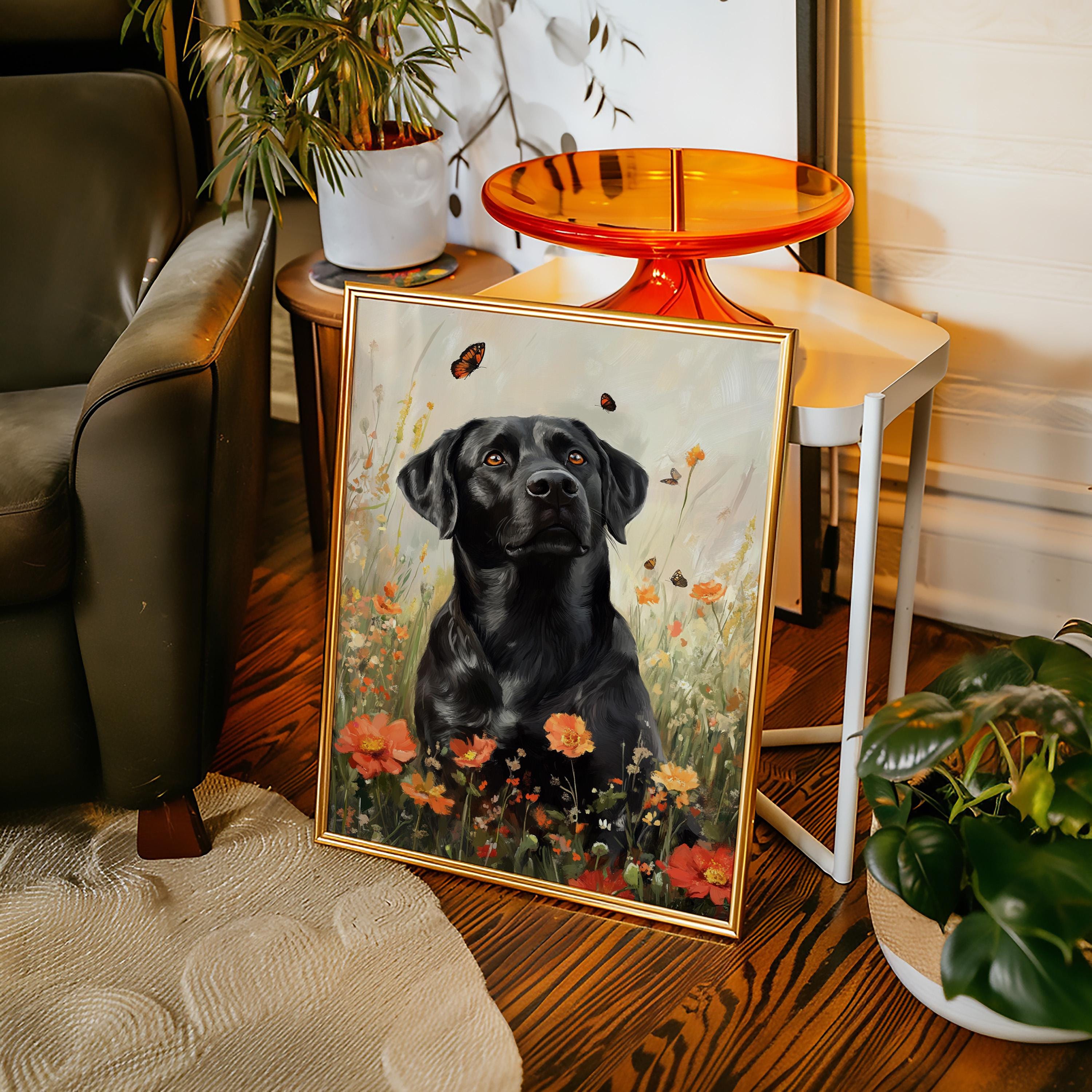 Black Lab Dog in Wildflower Meadow With Butterflies – Whimsical