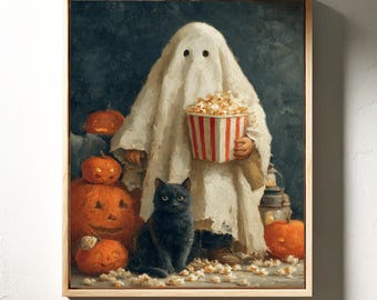 Fantasma con palomitas y gato negro / Lienzo caprichoso de Halloween