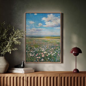 Wildflower Meadow Canvas Art - Scenic Pastel Landscape with Blue Sky and Clouds, Floral Wall Decor for Nature-Inspired Spaces