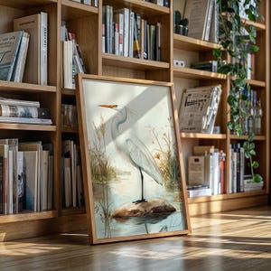 Elegant White Egret Canvas Wall Art – Minimalist Marsh Bird Illustration with Botanical Accents, Nature-Inspired Birdwatcher Home Decor