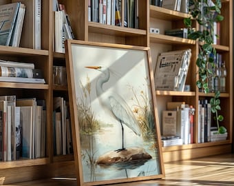 Elegant White Egret Canvas Wall Art – Minimalist Marsh Bird Illustration with Botanical Accents, Nature-Inspired Birdwatcher Home Decor