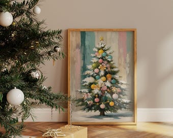 Colorful Christmas Tree Canvas Wall Art, Festive Holiday Print with Ornaments and Snow, Winter Home Décor for Living Room or Gift