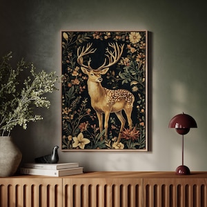 Deer Canvas Wall Art – Rustic Framed Wildlife Art, Floral Deer Nature Painting, Large Wall Art, Perfect Gift for Home or Office