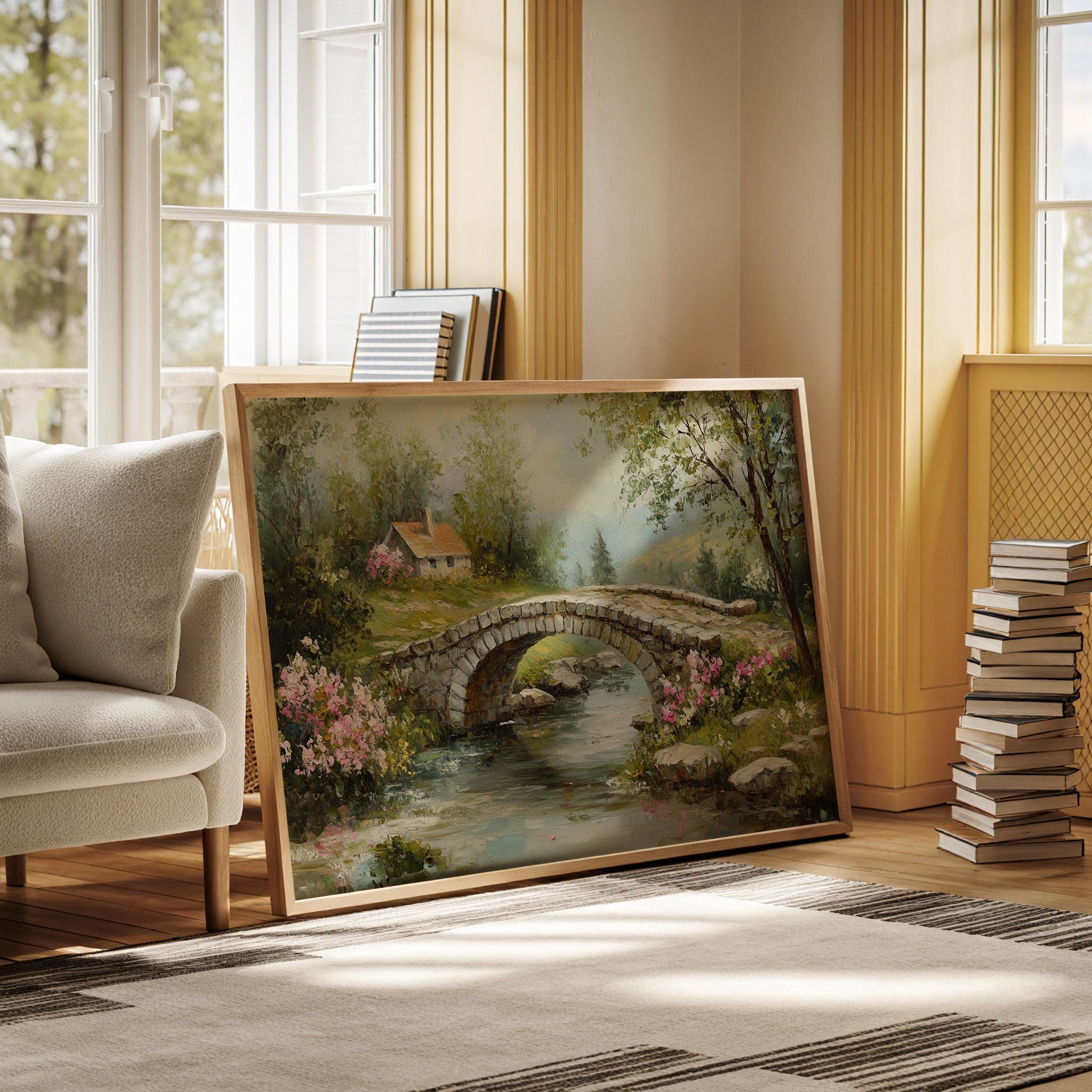 Charmante Steinbrücke und Hütte - Ruhige Landschaft mit blühenden Blumen und ruhigem Strom