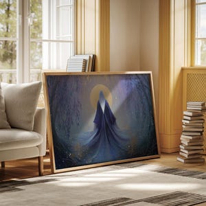 Mystic Moon Goddess Wall Art – Celestial Woman in Blue Forest, Spiritual Divine Feminine Canvas, Fantasy Moonlight Home Decor