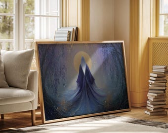 Mystic Moon Goddess Wall Art – Celestial Woman in Blue Forest, Spiritual Divine Feminine Canvas, Fantasy Moonlight Home Decor