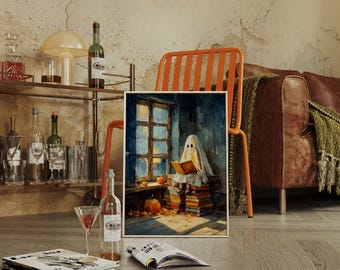 Autumn Ghost Reading by Window | Whimsical Halloween Canvas