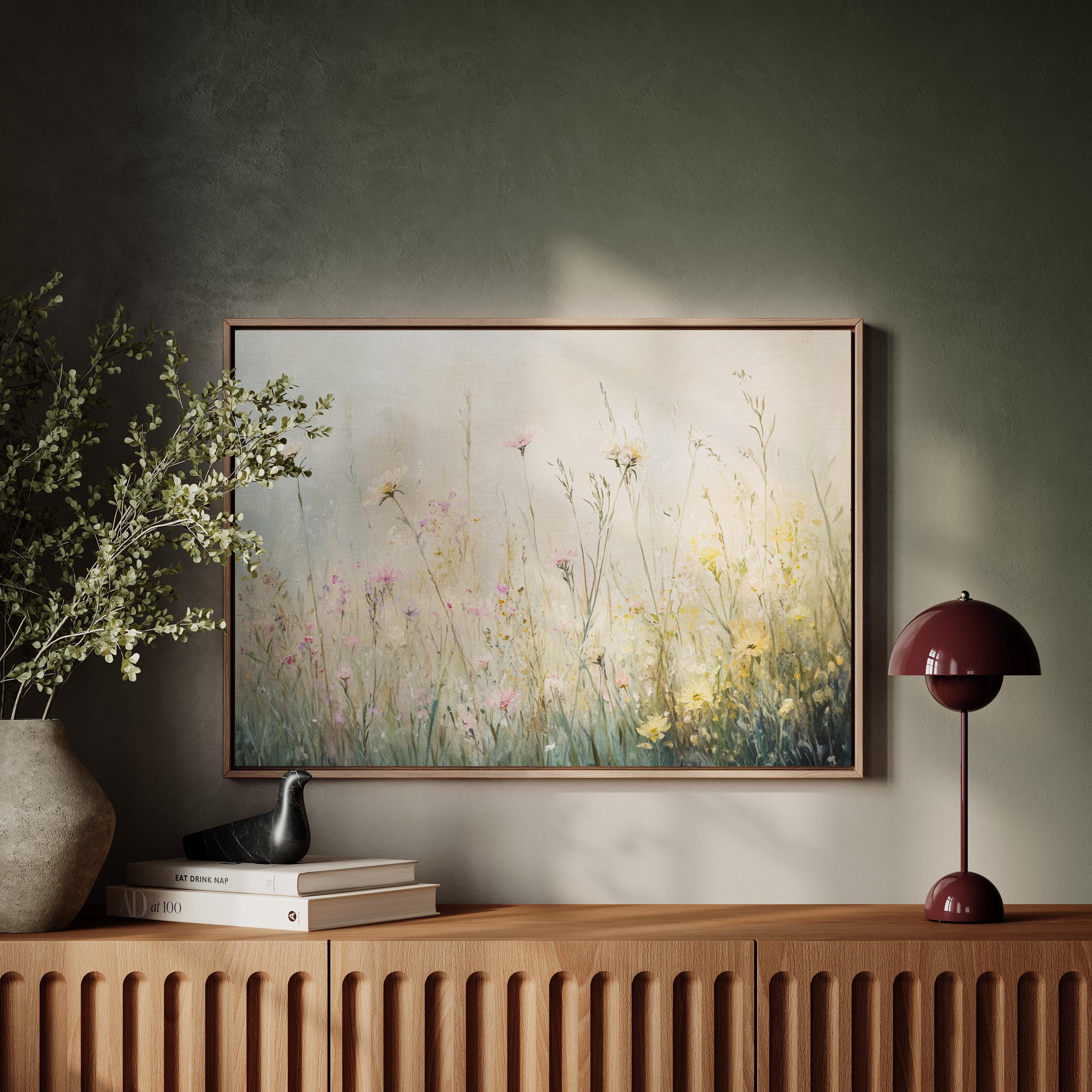 Wildflower Canvas Wall Art, Soft Botanical Painting, Neutral Floral Print, Cottagecore Aesthetic, Pastel Nature Artwork