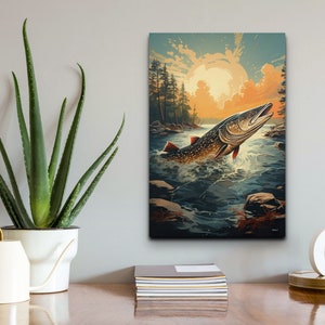 Hecht Vintage Leinwand Wandkunst, Vintage Angeln Wandkunst, Angeln Leinwand Wandkunst, Angeln Drucke, Geschenk für Papa, Angeln Geschenk