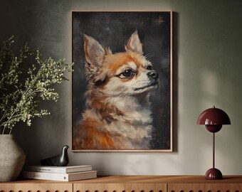 チワワ犬のキャンバスアート、ヴィンテージ油絵スタイル、エレガントな