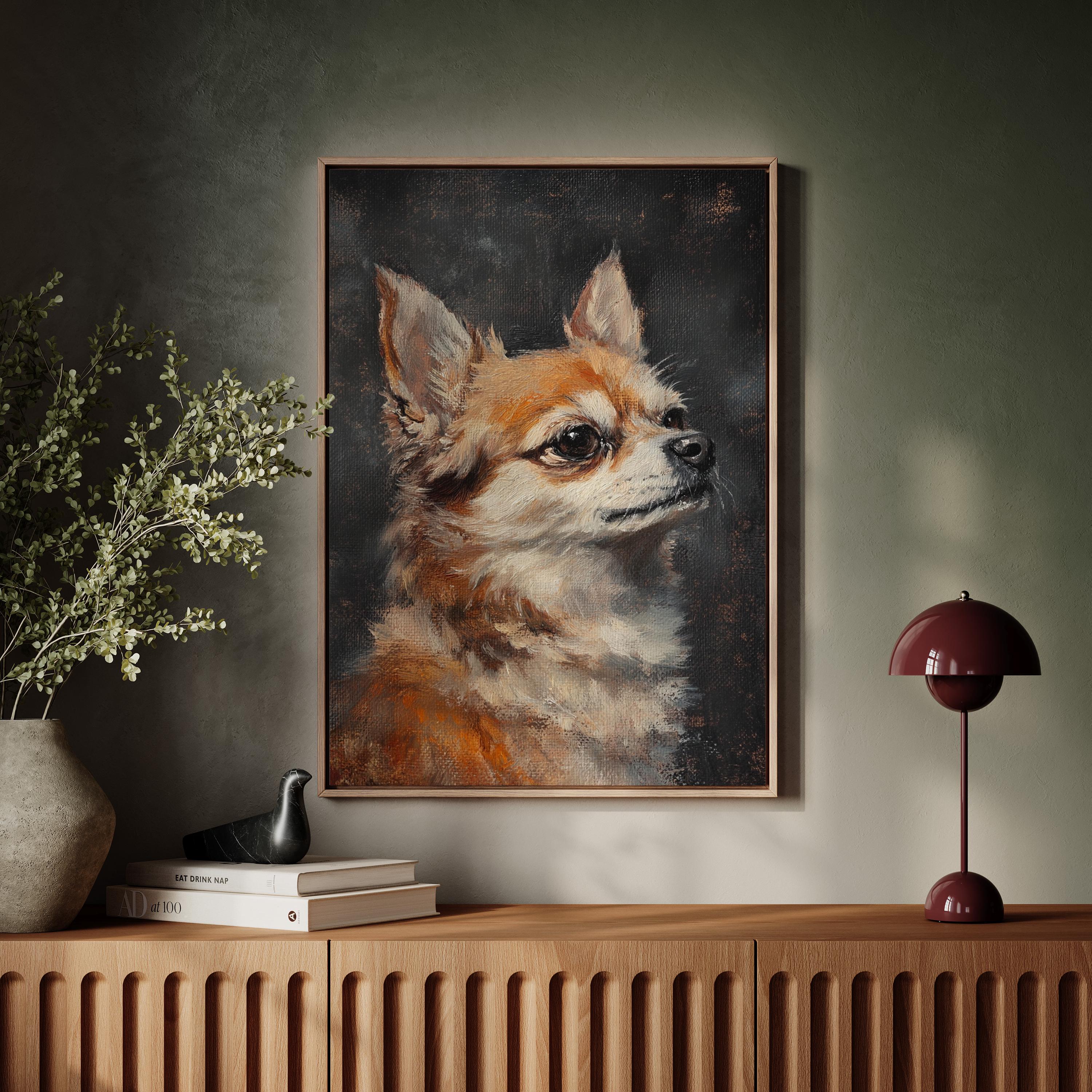 チワワ犬のキャンバスアート、ヴィンテージ油絵スタイル、エレガントな