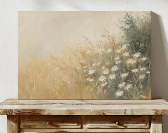 May include: A painting of a field of white wildflowers with tall grasses in the background. The painting is done in a soft, muted palette of greens, browns, and whites.