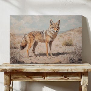 Desert Coyote Canvas Wall Art – Realistic Vintage Oil Painting of Wild Coyote in Southwest Landscape