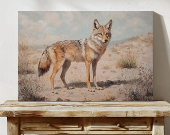 Desert Coyote Canvas Wall Art – Realistic Vintage Oil Painting of Wild Coyote in Southwest Landscape