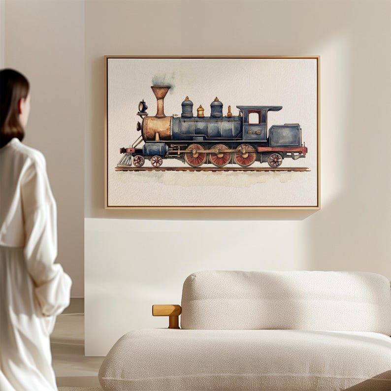 May include: A watercolor painting of a vintage steam locomotive with gold accents and red wheels. The train is on a track with a light brown background.