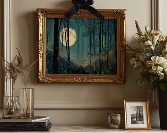 Forêt au clair de lune remplie de lucioles